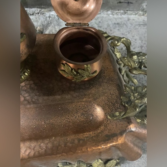 Hammered Copper French Bouillotte Lamp Handpainted Shade W/ Built In Inkwell WOW - Picture 9 of 12